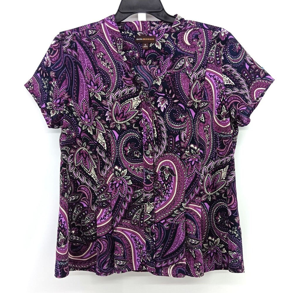 Dana Buchman Shirt Women Size XL Purple Paisley Short Sleeve Button Up Top
